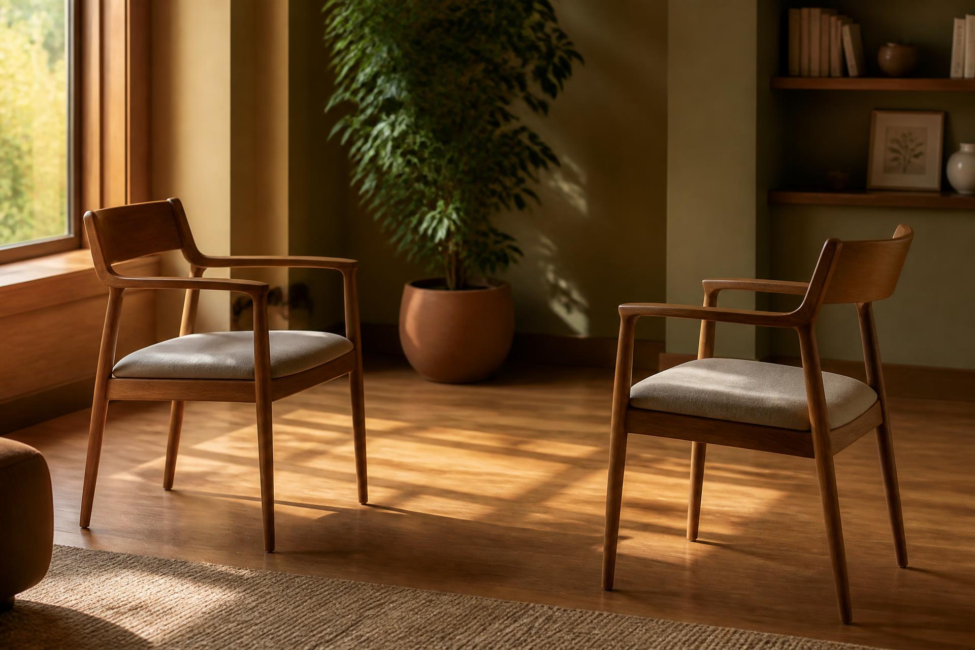 Two chairs facing each other in a calm, sunlit room